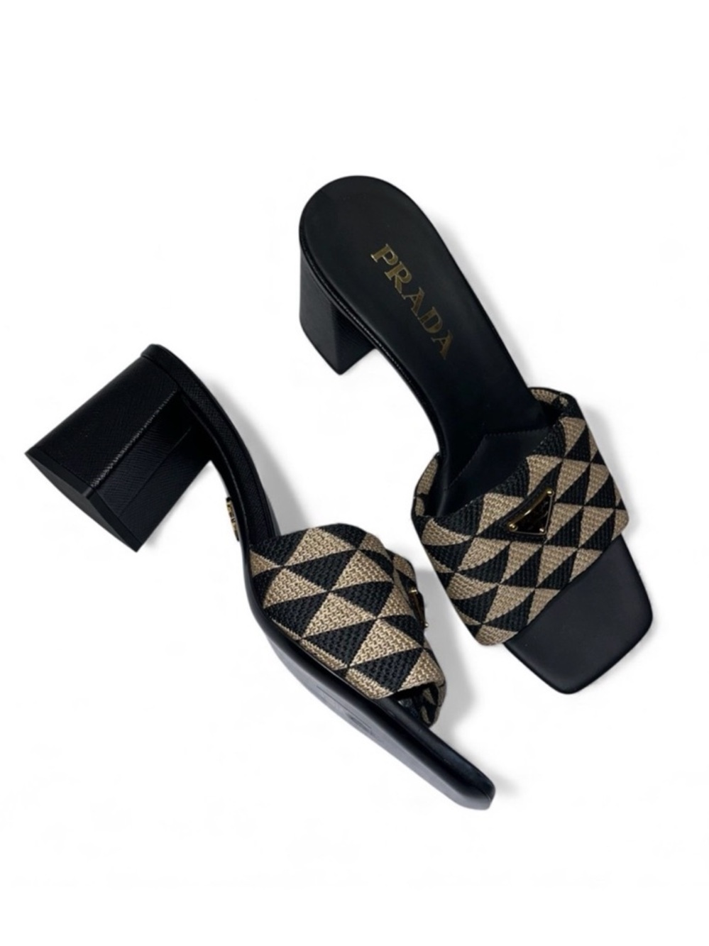 Prada Black Jacquard Heeled Mules Triangolo Open Toe 7.5 EU 37.5 NWOB 🟡